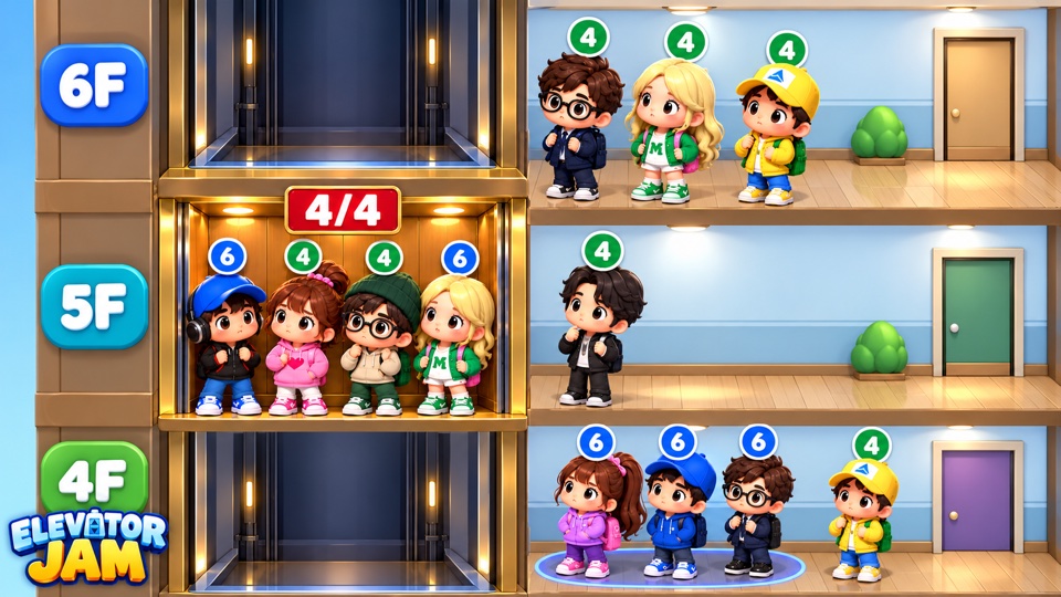 Elevator Jam: Elevator Puzzle — a full elevator and passengers waiting on different floors