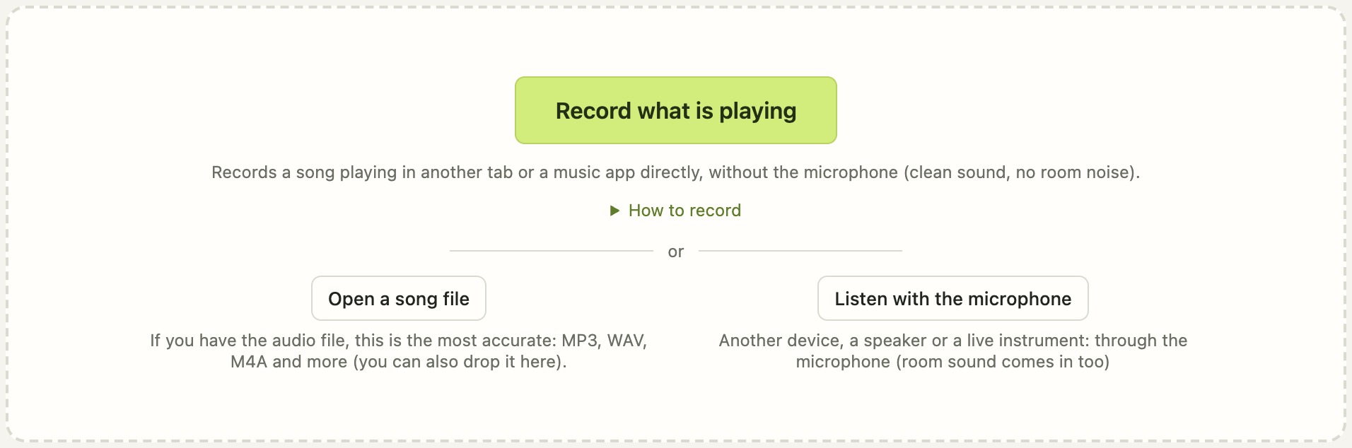 The first screen: choose “Record what is playing”, “Open a song file” or “Listen with the microphone”
