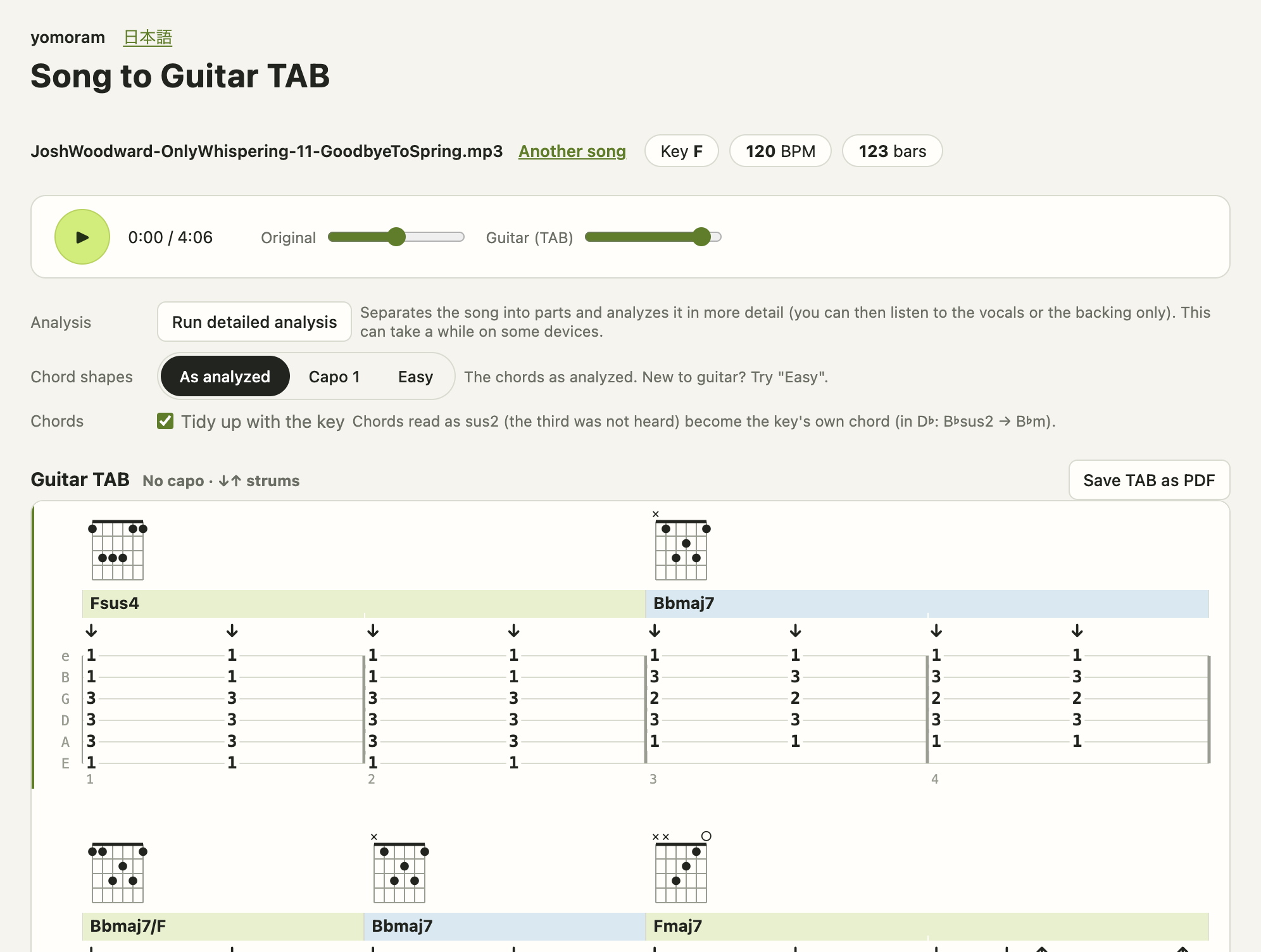 After the first pass: key, BPM and number of bars, the player, the chord shape choices and the guitar TAB