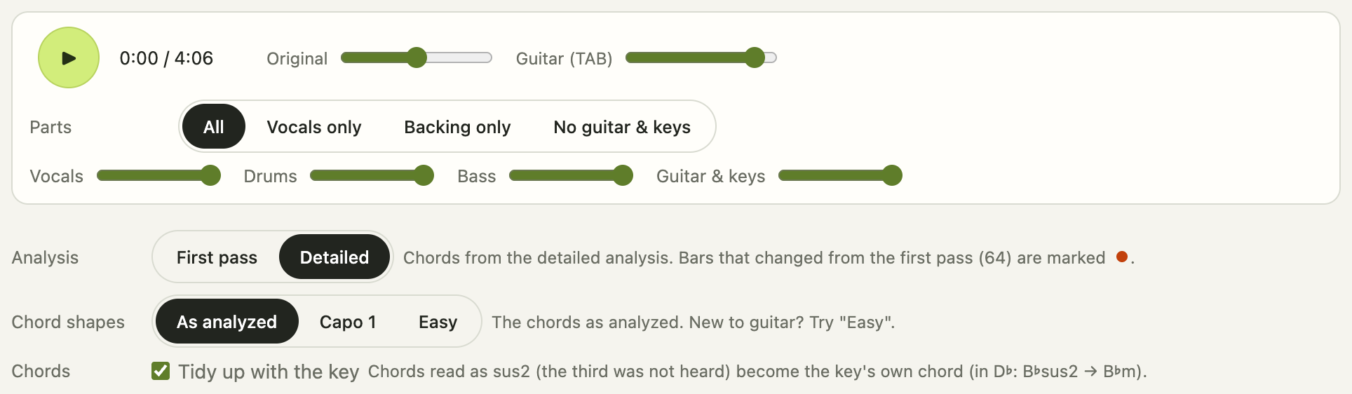 After the detailed analysis: “Parts” lets you choose what to hear, and “Analysis” switches between the first pass and the detailed analysis